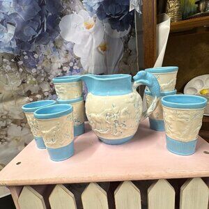 Handmade Ceramic Blue Pitcher with 7 Cups